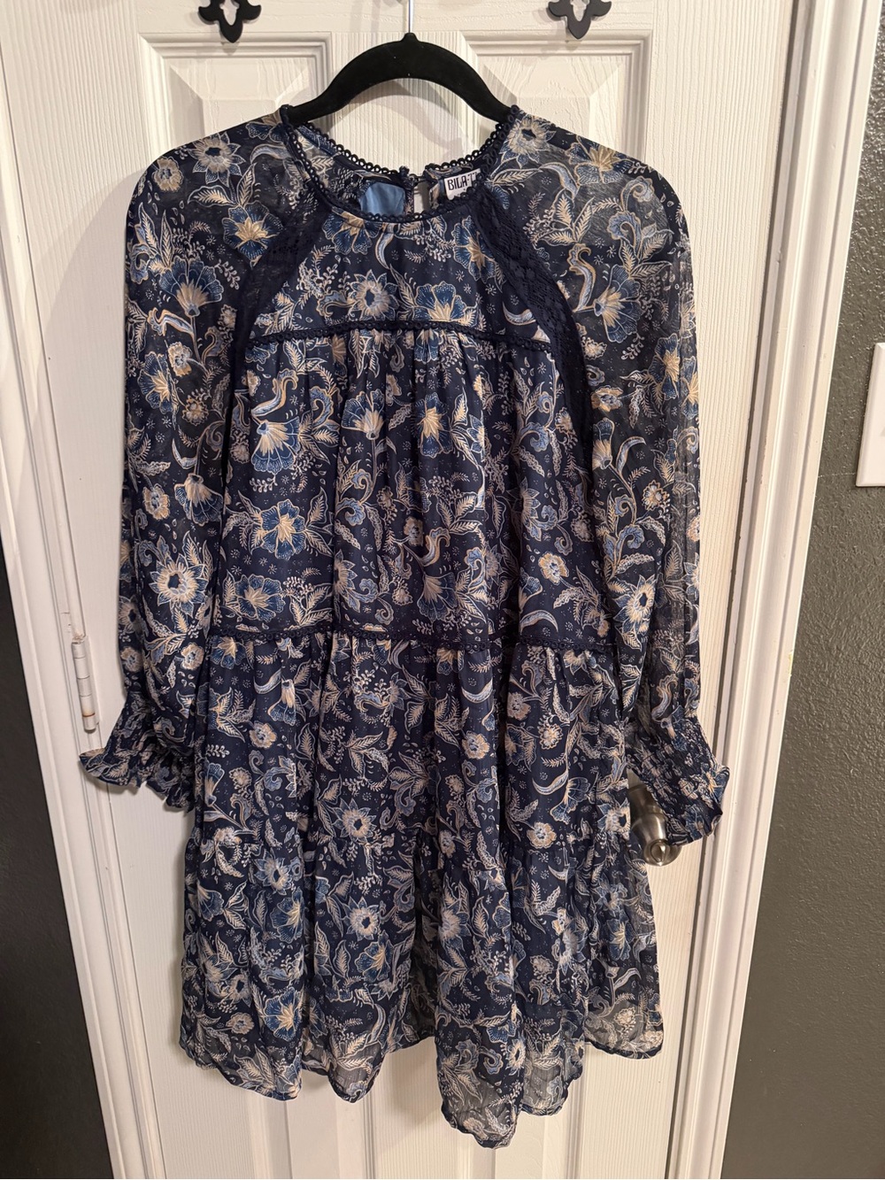 Bila Navy and Cream Paisley Lace-Trim Top